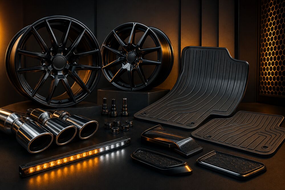 Car accessories including wheels and floor mats