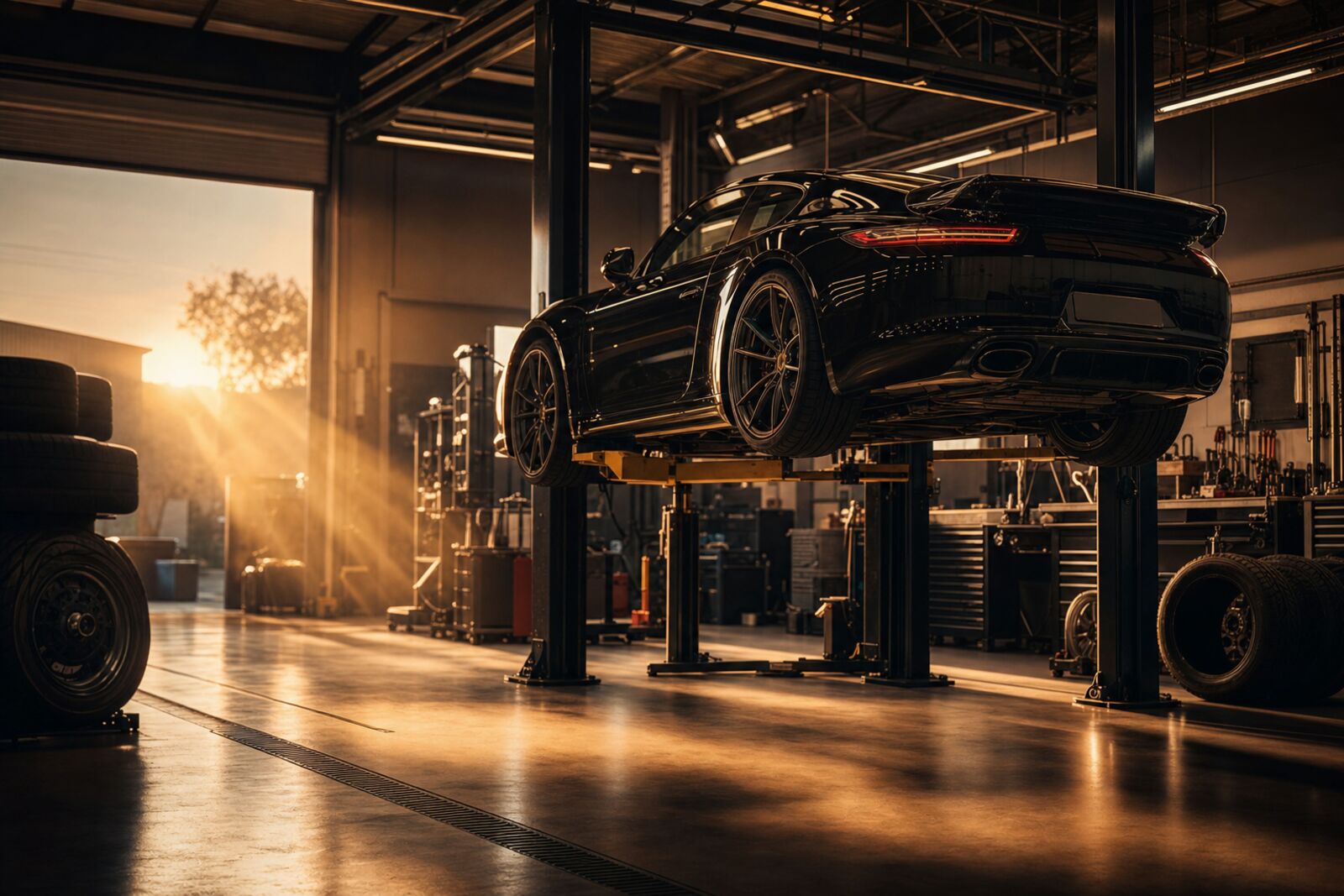 Sleek black sports car on a lift inside the Investor Cars service bay