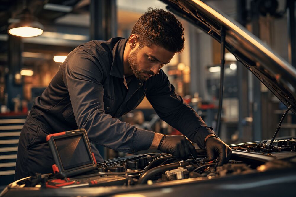 Investor Cars technician diagnosing an engine