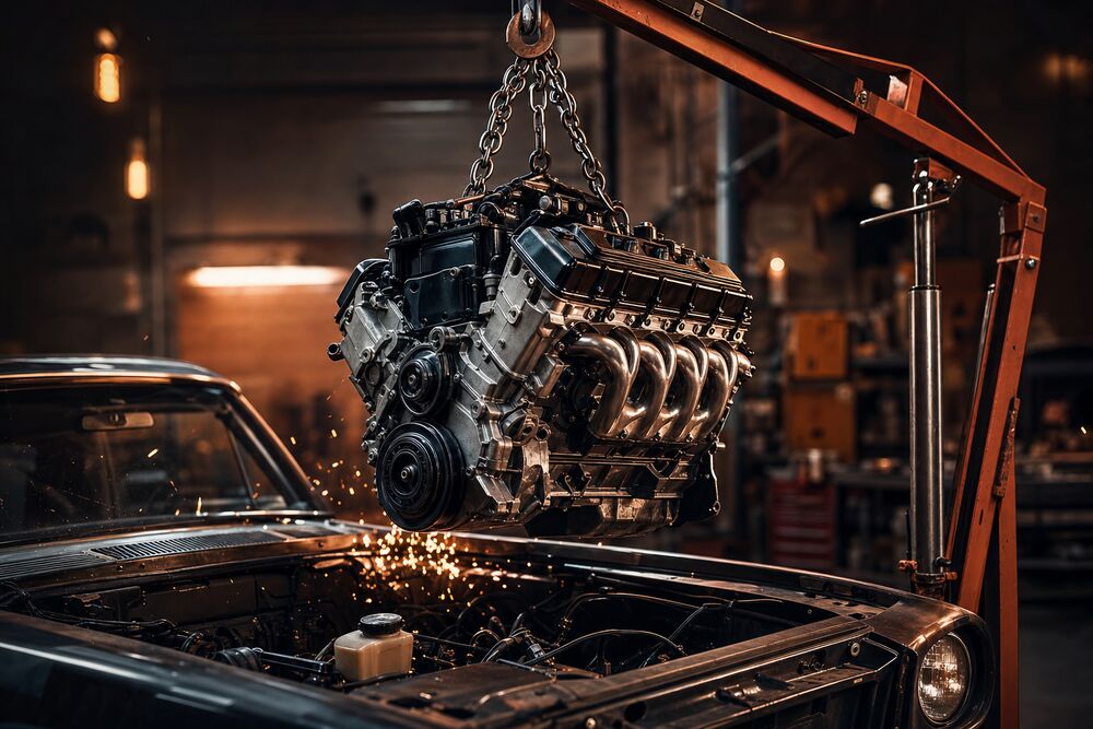 Engine being lowered into a car